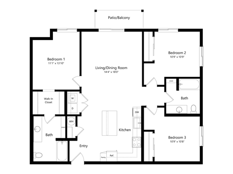 A floor plan of a house with three bedrooms, a living room, a kitchen, a bath, and a patio/balcony.